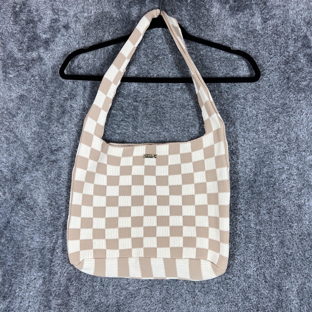 Kopari Shoulder Bag Womens Medium Beige Knit Checkered Casual Gold Hardware